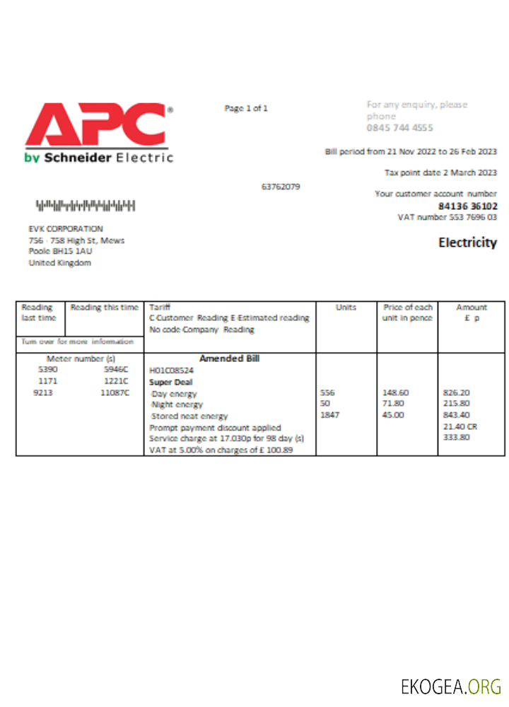 Facture commerciale du service public d'électricité APC, SCR
